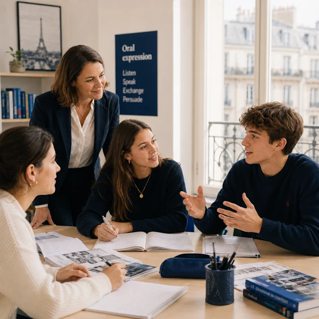 Élèves participant à un exercice d’expression orale en anglais à Ipécom Paris