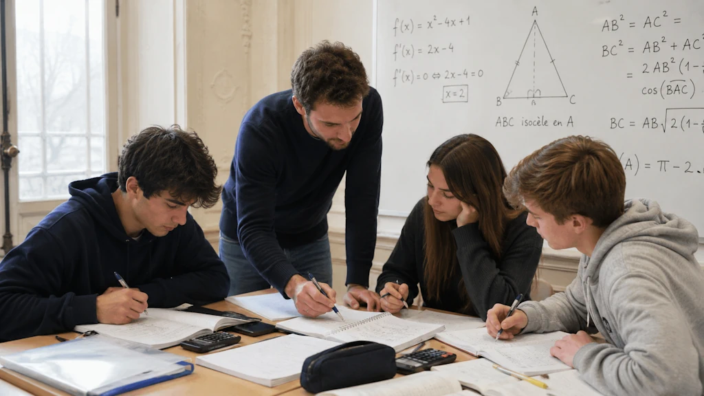 Un enseignant corrige un exercice de mathématiques avec trois lycéens autour d’une table.