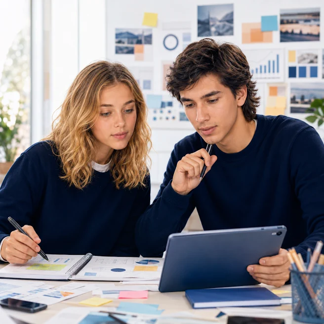 Illustration de Pierre et Catherine, élèves à Ipécom Paris, travaillant ensemble sur un projet business en Première STMG