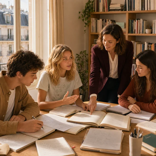 Une professeure accompagne trois élèves de Première dans l’analyse d’un texte littéraire autour d’une table.