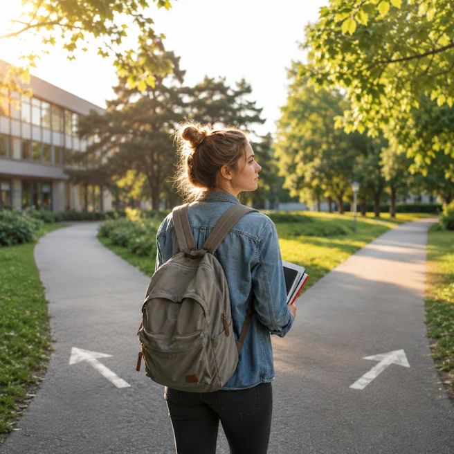 Lycéenne devant deux chemins symbolisant le choix des spécialités entre la Seconde, la Première et la Terminale.