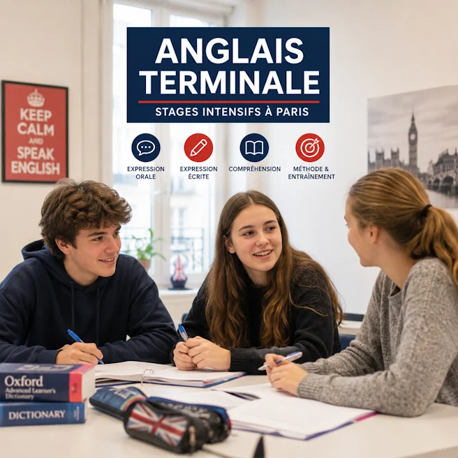 Élèves de Terminale échangeant en anglais pendant un stage intensif à Ipécom Paris