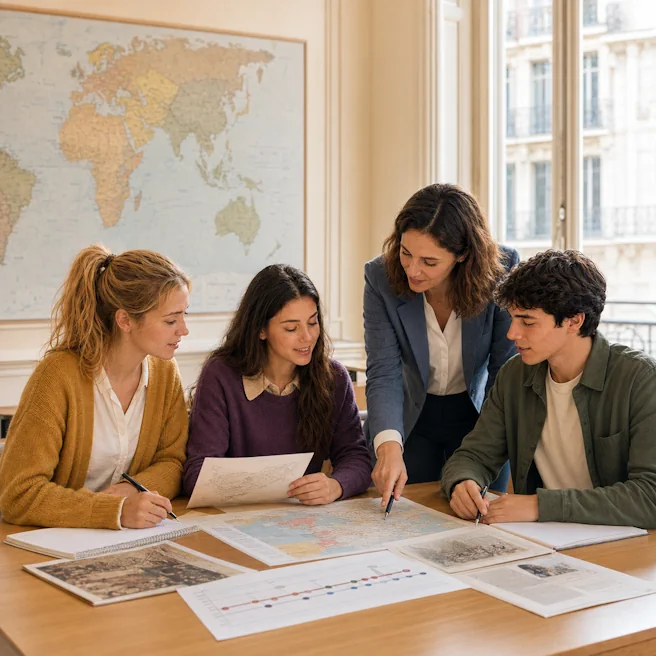 Trois élèves de Première analysent des cartes et des documents en HGGSP avec leur professeure à Ipécom Paris.