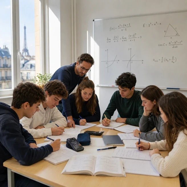 Un enseignant accompagne six lycéens travaillant des exercices de mathématiques autour d’une table.