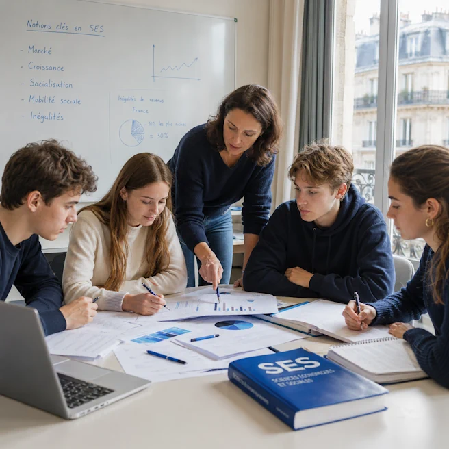 Lycéens analysant des données économiques et sociales avec une enseignante à Ipécom Paris