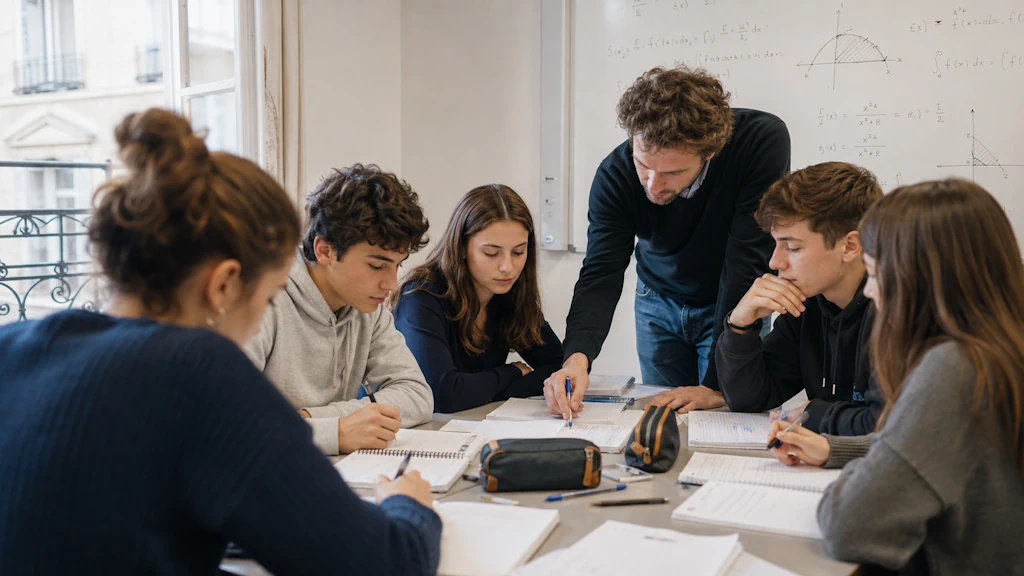 Un enseignant guide cinq lycéens travaillant des exercices de mathématiques en petit groupe.