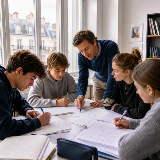 Quatre élèves de Première travaillent des exercices de mathématiques en petit groupe avec un professeur