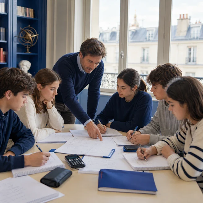 Illustration d’un enseignant accompagnant cinq lycéens pendant un exercice de mathématiques en petit groupe