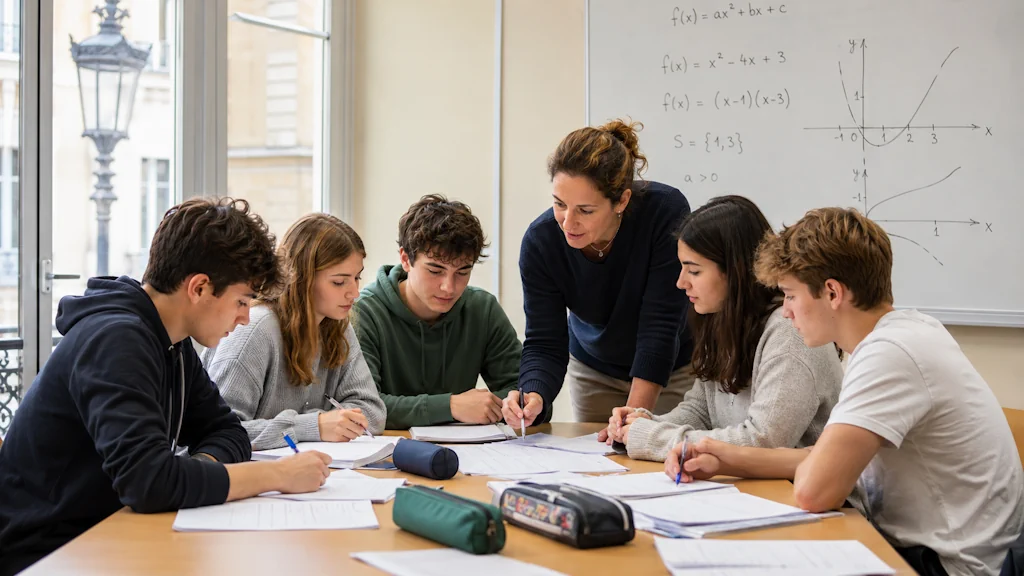Illustration d’une enseignante accompagnant cinq lycéens pendant une séance de mathématiques en petit groupe