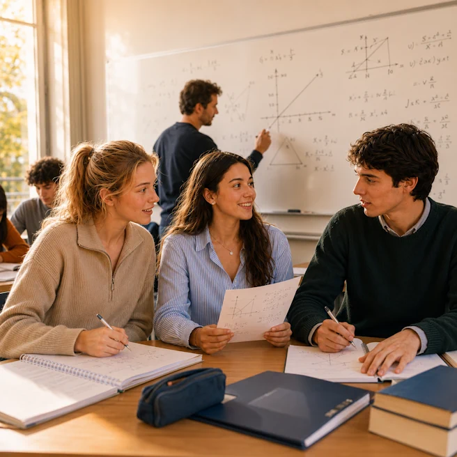 Trois élèves de Terminale travaillent en petit groupe pendant un stage de mathématiques à Ipécom Paris