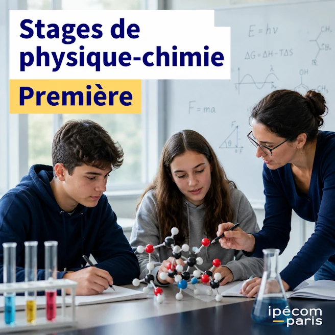 Deux lycéens travaillent avec une enseignante sur des exercices de physique-chimie