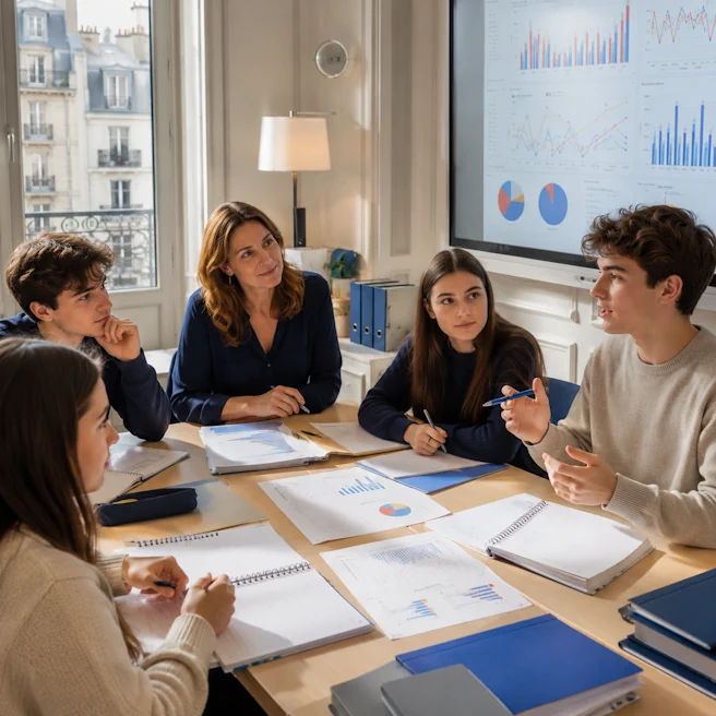 Élèves de Première analysant des données économiques en petit groupe à Ipécom Paris