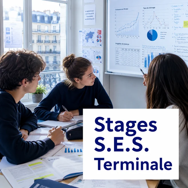 Élèves de Terminale analysant des données économiques pendant un stage de SES à Ipécom Paris