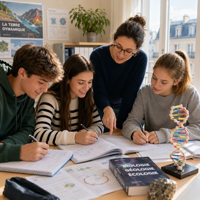 Élèves de Première travaillant des documents scientifiques avec une enseignante pendant un stage de SVT