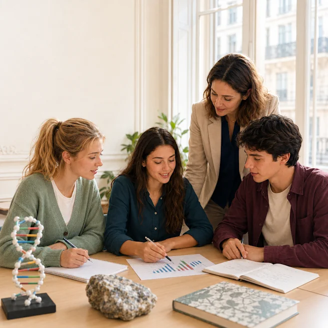 Trois élèves de Terminale travaillent la SVT en petit groupe avec une enseignante à Paris