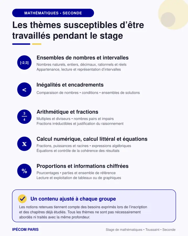 Schéma des cinq thèmes susceptibles d’être travaillés pendant le stage de mathématiques de Toussaint en Seconde à Ipécom Paris.