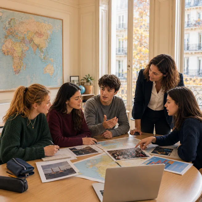 Illustration d’élèves de Première en stage d’anglais AMC à Ipécom Paris, analysant des documents avec leur professeure.