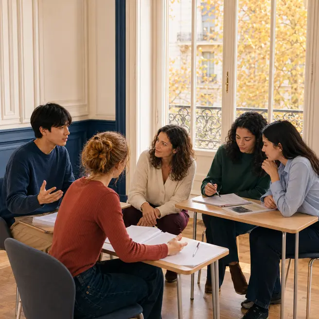 Illustration représentant un professeur d’anglais accompagnant quatre élèves de Terminale en travail oral et écrit pendant un stage de la Toussaint à Ipécom Paris