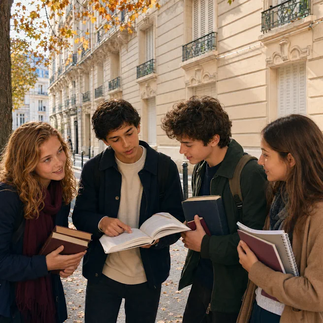 Illustration de quatre élèves de Seconde consultant des livres de français devant Ipécom Paris à l’automne.