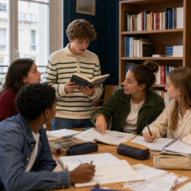Cinq élèves de 3e lisent à voix haute et analysent un texte pendant un stage de français à Ipécom Paris.