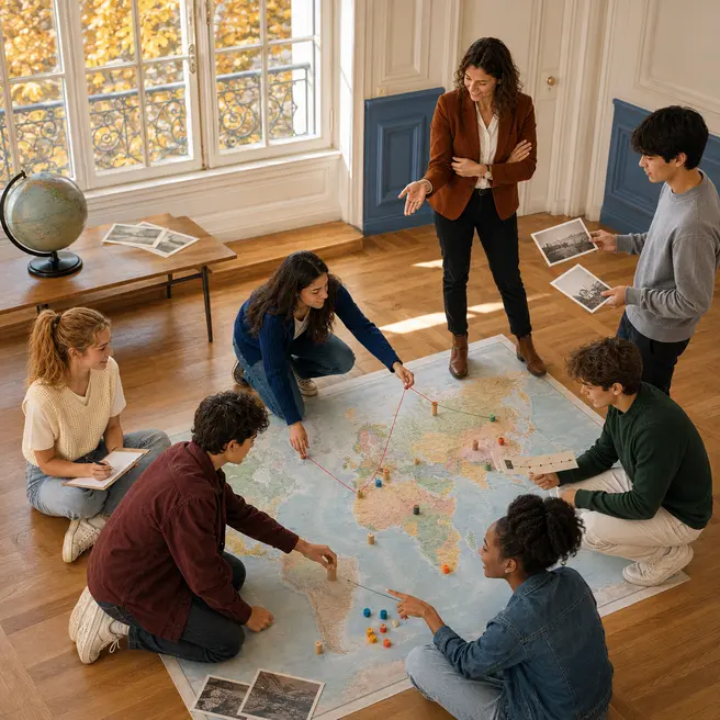 Élèves de Première en stage de HGGSP à Ipécom Paris, étudiant une carte du monde et des documents avec leur professeure.