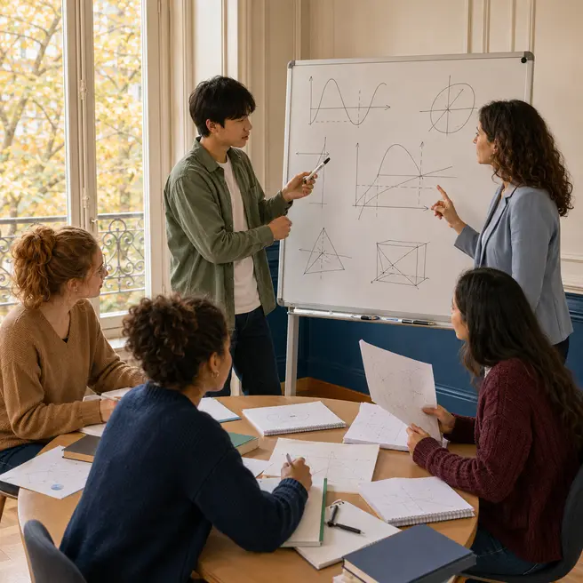 Élève de Terminale présentant un raisonnement mathématique devant son professeur et trois camarades à Ipécom Paris