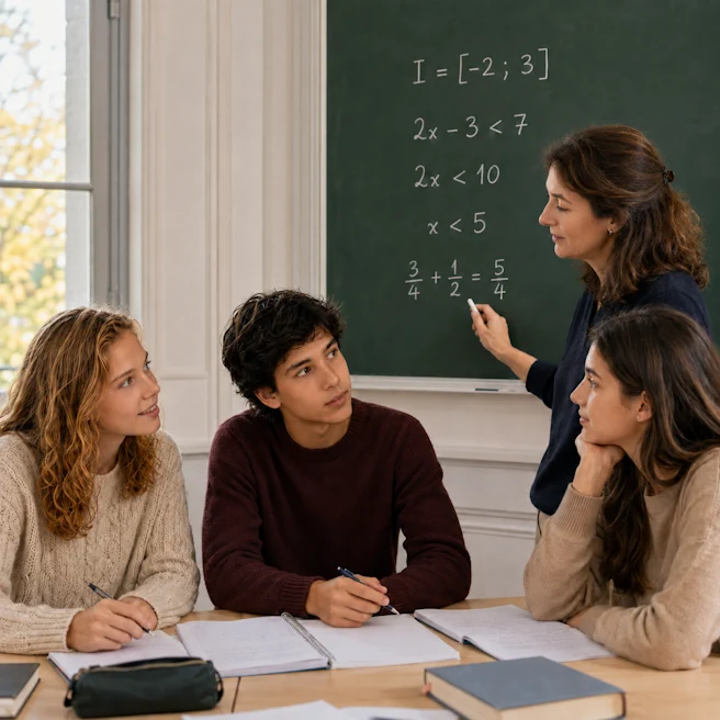 Illustration d’élèves de Seconde accompagnés par une professeure devant un tableau de mathématiques pendant un stage de Toussaint à Ipécom Paris.