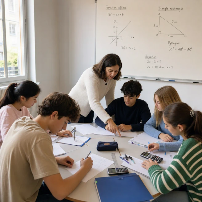Cinq élèves de 3e travaillent avec une professeure pendant un stage de mathématiques à Ipécom Paris.