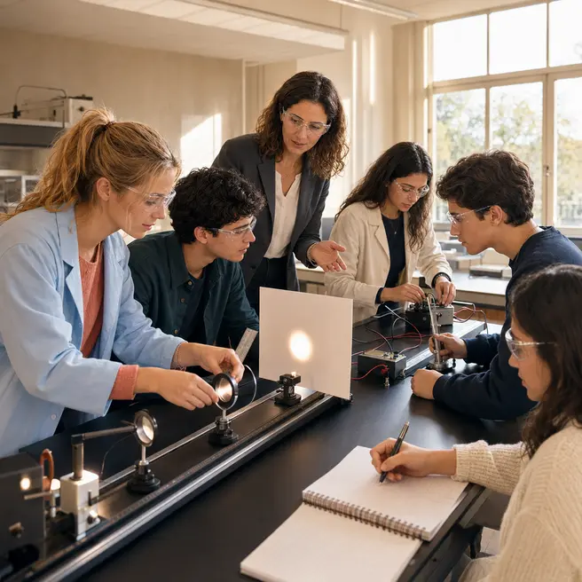 Illustration d’élèves de Première réalisant une expérience d’optique et d’électricité avec leur professeure à Ipécom Paris.