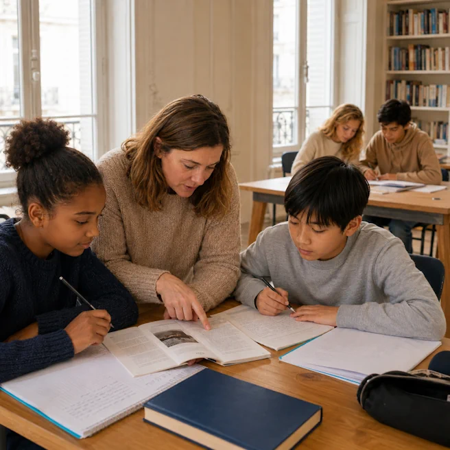 Des élèves de 6e travaillent la lecture et la rédaction avec une professeure pendant un stage de français à Paris.
