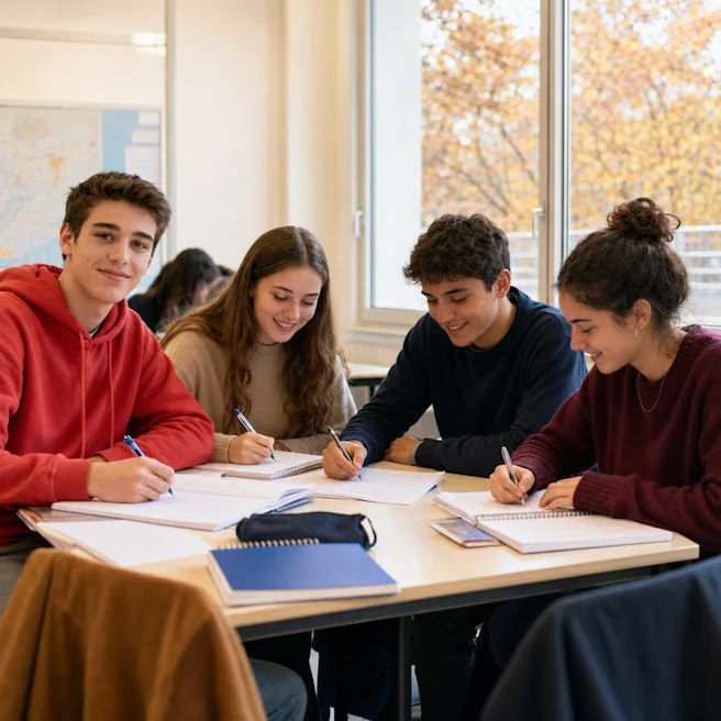Illustration de quatre lycéens travaillant en petit groupe pendant un stage de Toussaint à Ipécom Paris, dans une ambiance automnale.