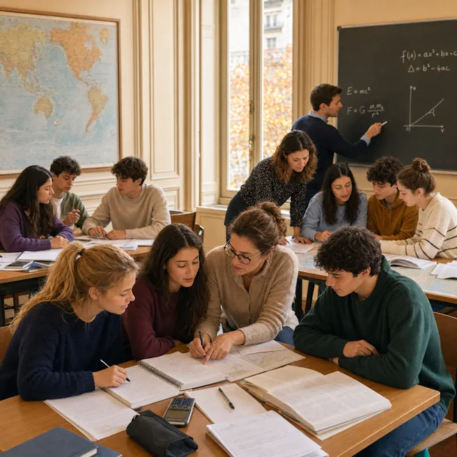 Élèves de Première travaillant en petits groupes avec trois professeurs pendant un stage de Toussaint à Ipécom Paris.