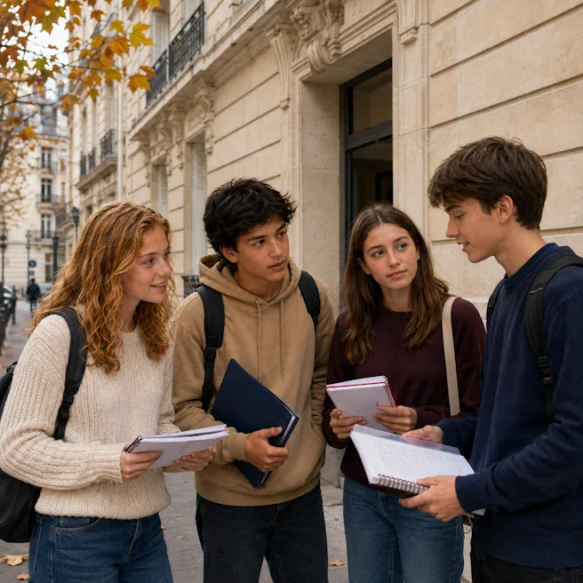 Quatre élèves de Seconde échangent devant Ipécom Paris avant un stage intensif de la Toussaint.