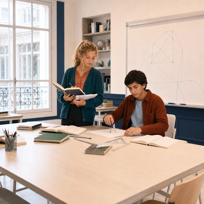 Deux collégiens de 4e travaillent le français et la géométrie pendant un stage de révision à Ipécom Paris.