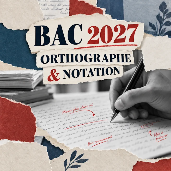 Collage montrant une copie annotée et une main tenant un stylo, avec le titre « Bac 2027 – Orthographe & notation ».