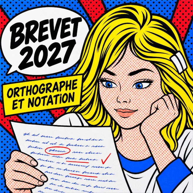 Collégienne blonde relisant une copie annotée en rouge, avec le texte « Brevet 2027 — Orthographe et notation », dans un style pop art.