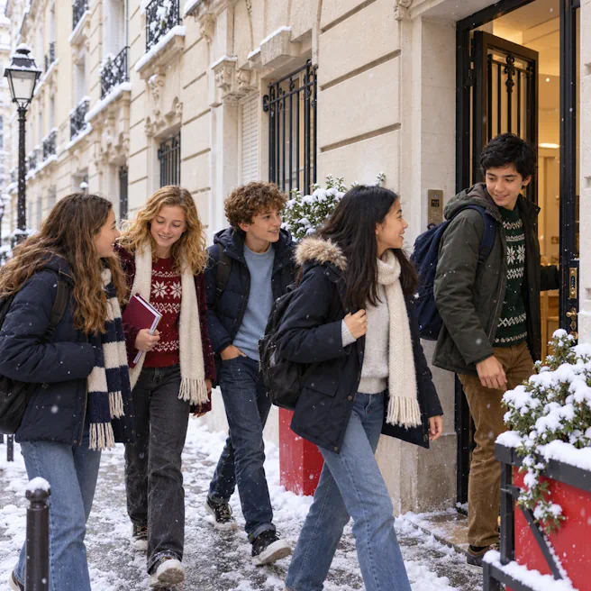 Cinq collégiens souriants entrent à Ipécom Paris sous la neige, deux portant des pulls de Noël.