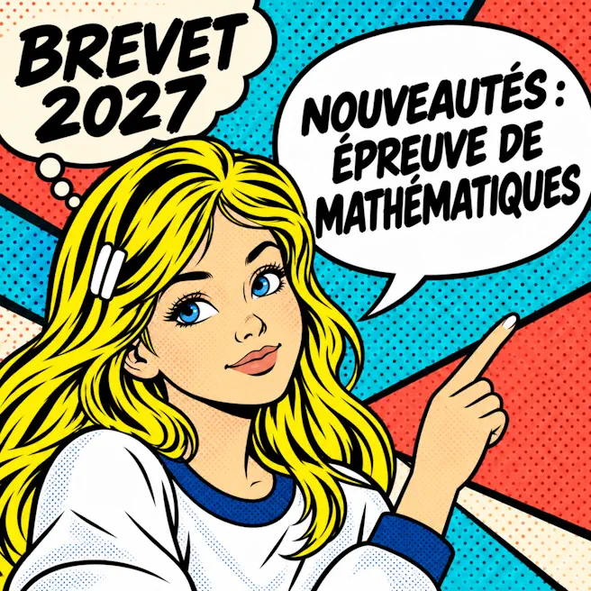 Collégienne en style pop art montrant une bulle « Nouveautés brevet en mathématiques », à côté de « Brevet 2027 ».