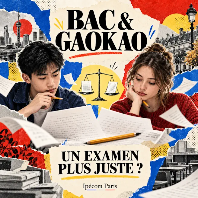 Deux lycéens devant des copies d’examen, avec une balance symbolisant l’équité et le titre « Bac & Gaokao : un examen plus juste ? ».