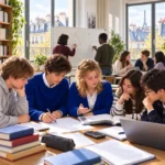 Pierre, Catherine et leurs camarades travaillent sur des exercices et des documents, tandis que d’autres élèves s’entraînent au tableau et à l’oral.