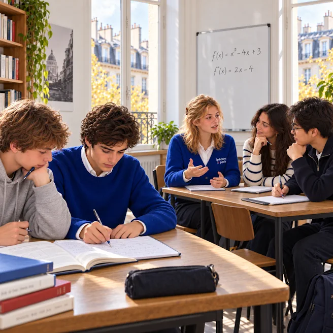 Deux élèves révisent les mathématiques pendant qu’une élève s’entraîne à l’oral devant deux camarades.