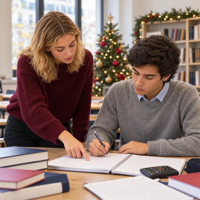 Deux étudiants travaillent un exercice de mathématiques dans une salle décorée pour Noël.