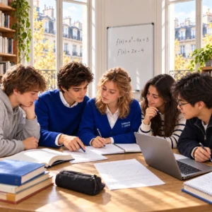 Cinq élèves réunis autour d’une table révisent les mathématiques pour préparer le concours SÉSAME.